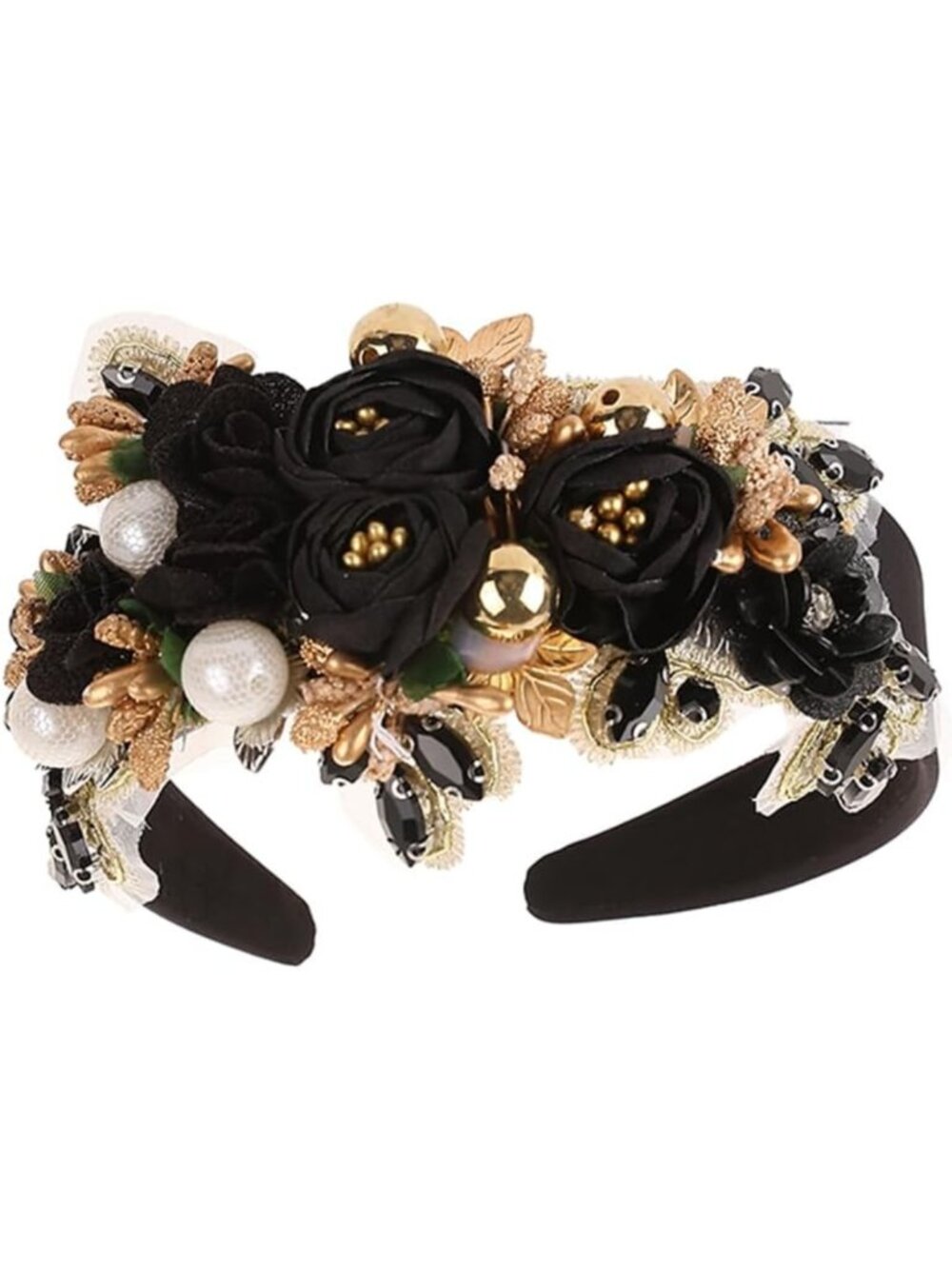 Bohemian Floral Rhinestone Headband with Pearls & Crystals - Chunky Wedding Hair